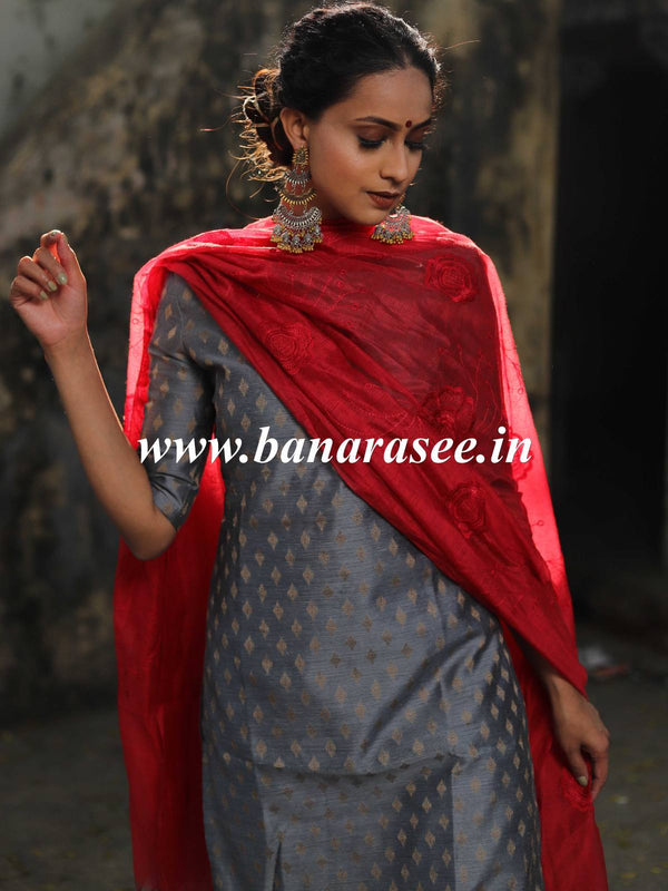 Banarasee Brocade Salwar Kameez Fabric With Organza Dupatta-Grey & Red