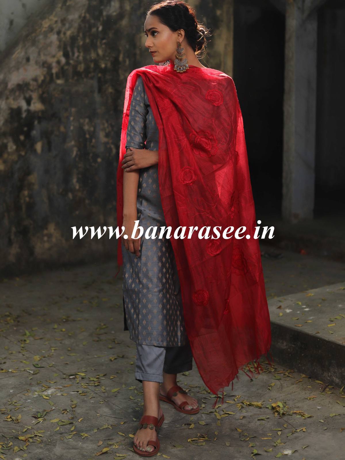 Banarasee Brocade Salwar Kameez Fabric With Organza Dupatta-Grey & Red