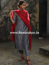 Banarasee Brocade Salwar Kameez Fabric With Organza Dupatta-Grey & Red