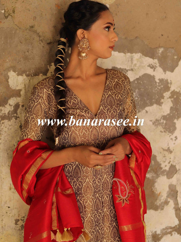 Banarasee Brocade Salwar Kameez Fabric With Hand-Embroidered Silk Dupatta-Gold & Red