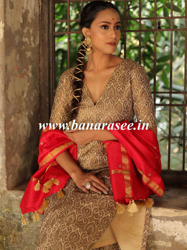 Banarasee Brocade Salwar Kameez Fabric With Hand-Embroidered Silk Dupatta-Gold & Red