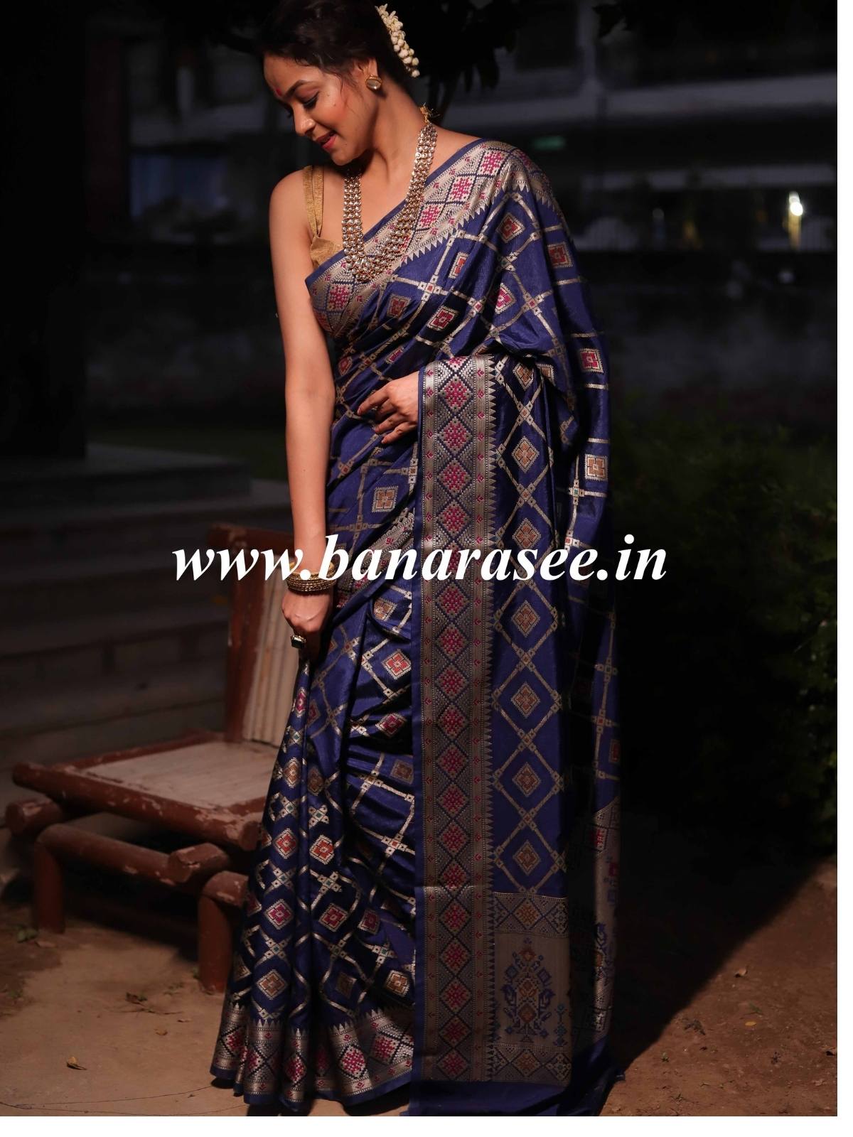 Banarasee Handwoven Semi Silk Patola Design Meena & Zari Work Saree-Deep Blue