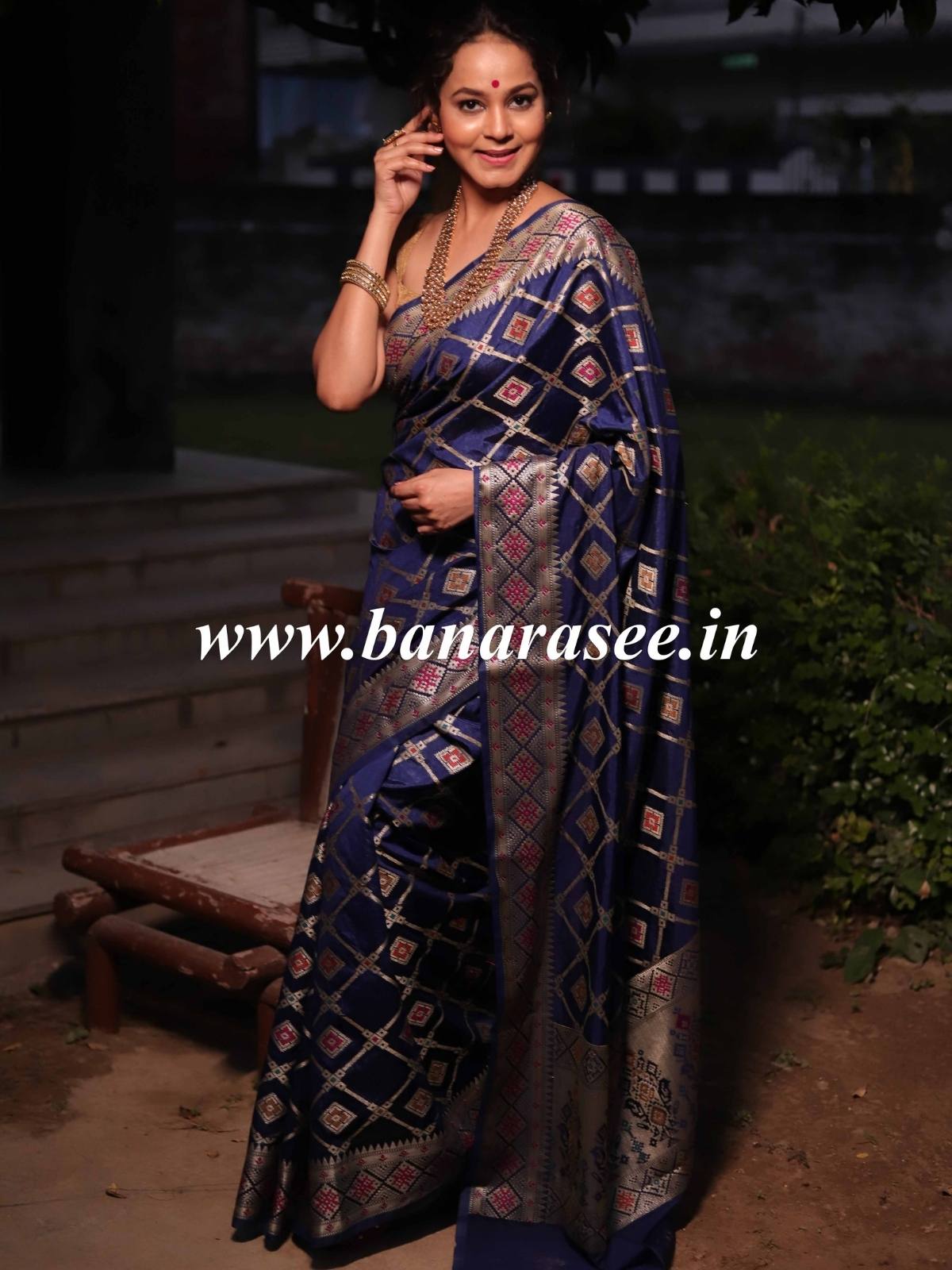 Banarasee Handwoven Semi Silk Patola Design Meena & Zari Work Saree-Deep Blue