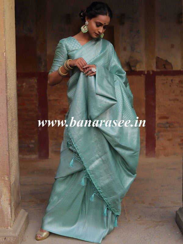 Banarasee Kubera Pattu Soft Silk Saree With Silver Zari Work- Pastel Green