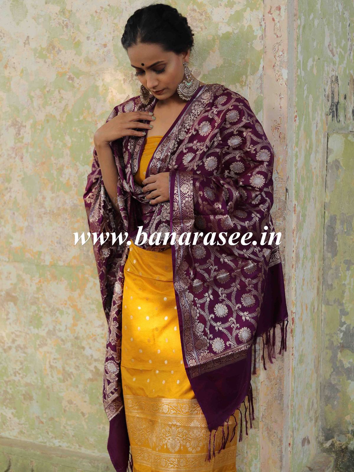 Banarasee Semi Katan Salwar Kameez Dupatta Set With Sona Rupa Zari Work-Yellow & Violet