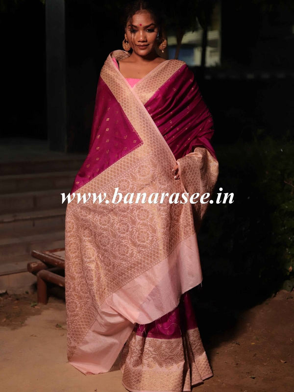 Banarasee Handwoven Semi Silk Saree With Contrast Border-Magenta & Peach