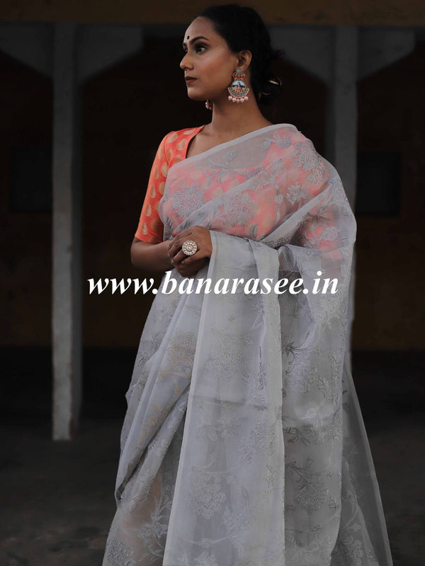 Banarasee Handwoven Organza Silk Embroidered Saree With Contrast Silk Cotton Blouse-Grey & Peach