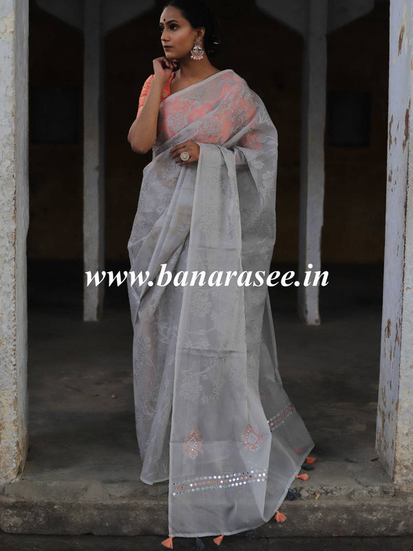 Banarasee Handwoven Organza Silk Embroidered Saree With Contrast Silk Cotton Blouse-Grey & Peach