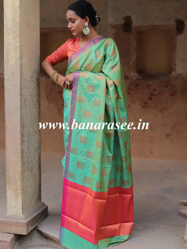 Banarasee Handwoven Soft Semi Silk Saree With Buta Design-Green(Dual Shade)