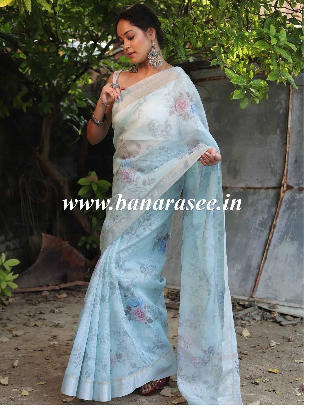 Banarasee Linen Cotton Digital Print Silver Zari Saree-Pastel Blue