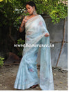 Banarasee Linen Cotton Digital Print Silver Zari Saree-Pastel Blue