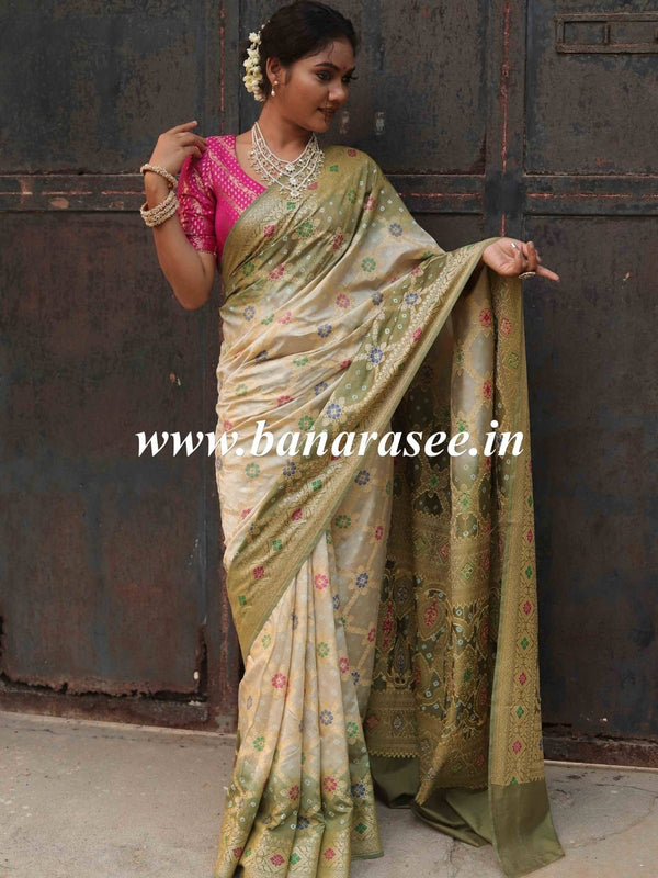 Banarasee Handwoven Semi-Silk Saree With Bandhej & Floral Zari Border-Olive Green