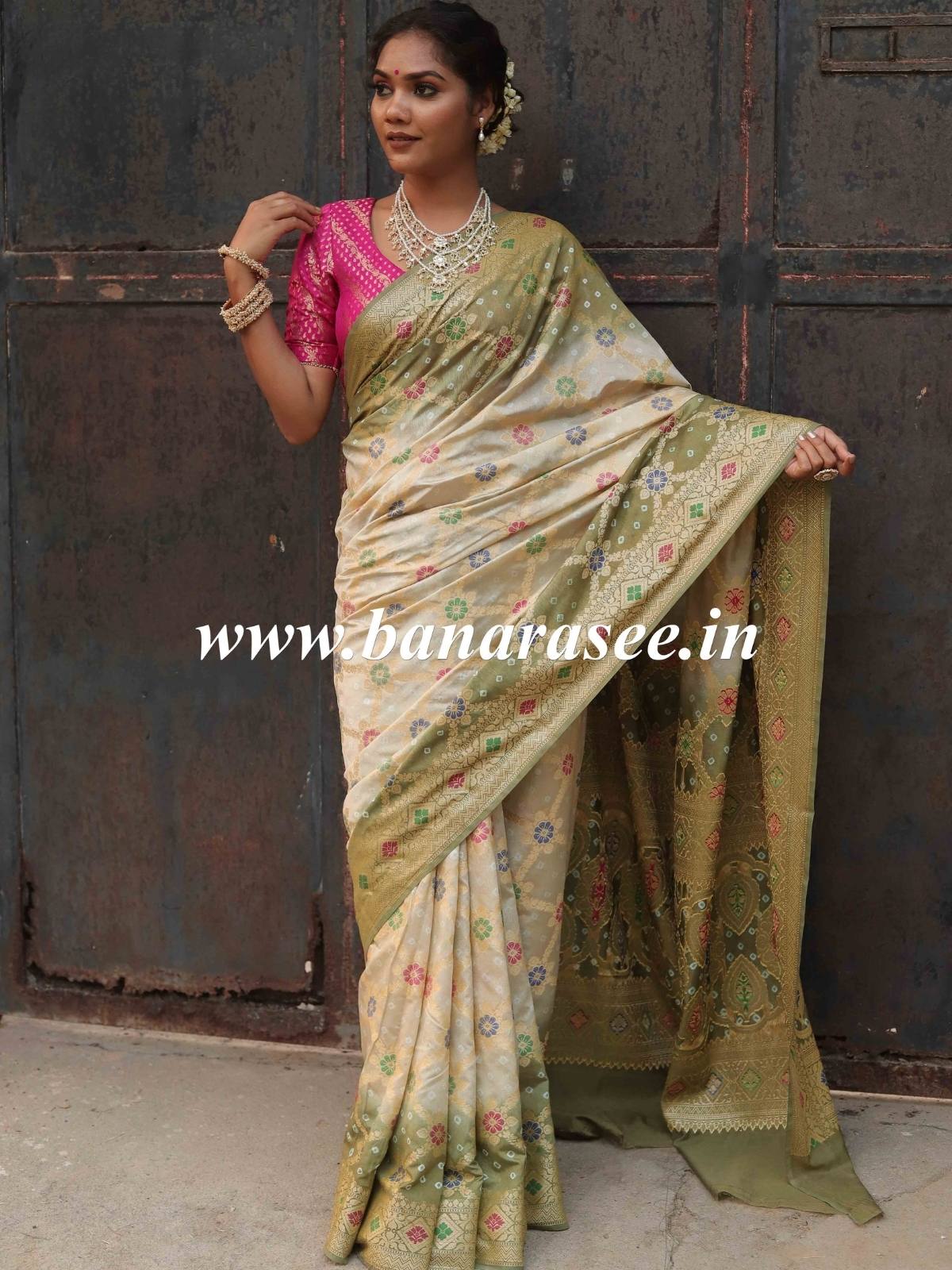 Banarasee Handwoven Semi-Silk Saree With Bandhej & Floral Zari Border-Olive Green
