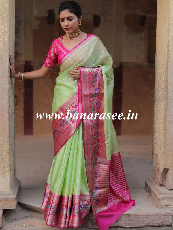 Banarasee Handwoven Semi Silk Saree With Meena Border Design-Mint Green