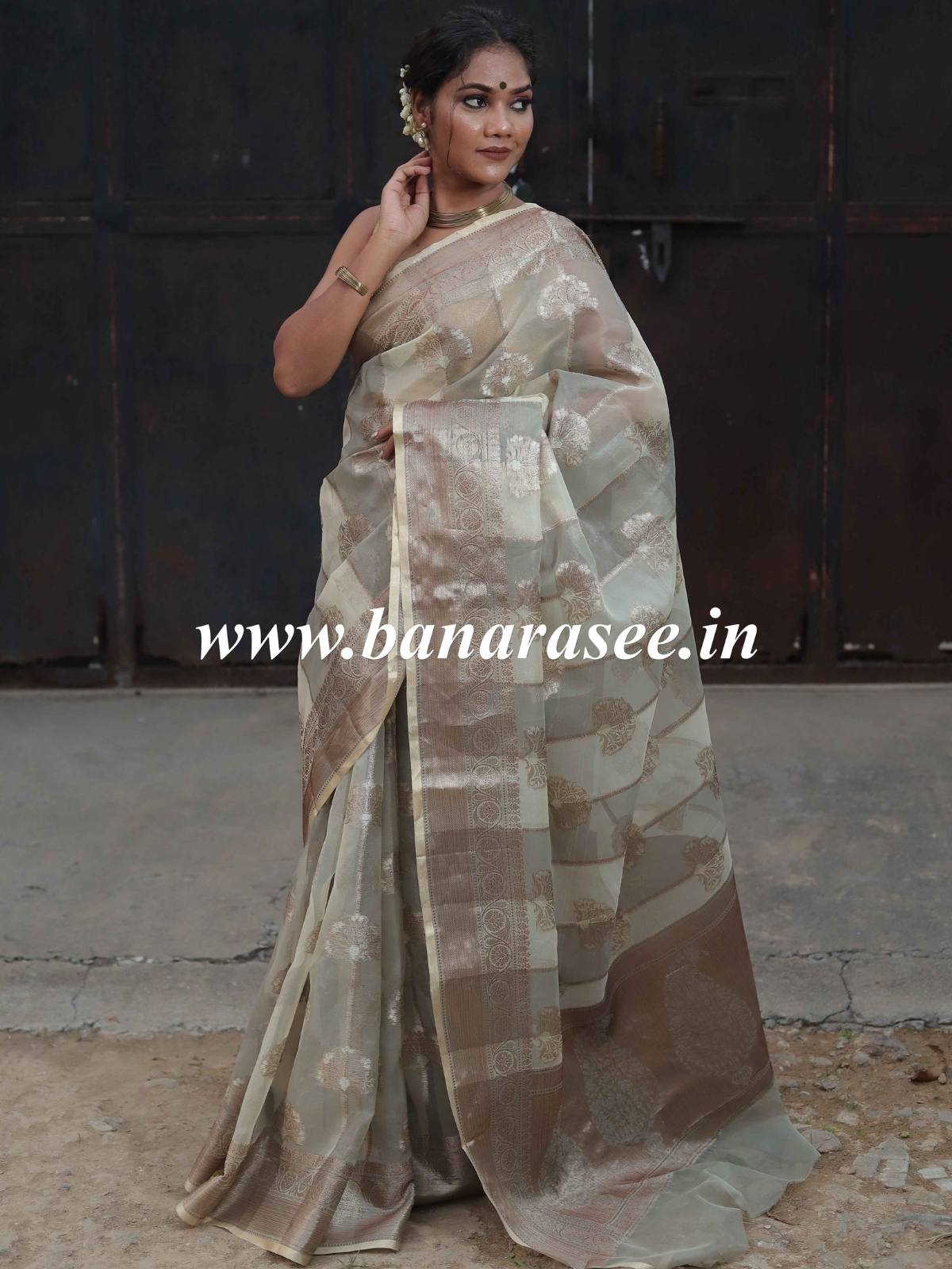 Banarasee Organza Mix Saree With Antique Zari Rangkat Design-Grey