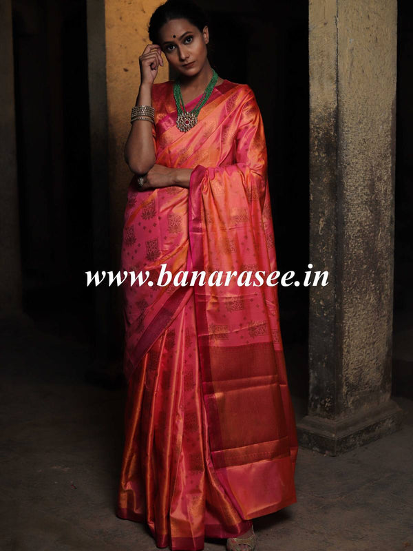 Banarasee Handwoven Soft Semi Silk Saree With Buta Design-Peach(Dual Shade)