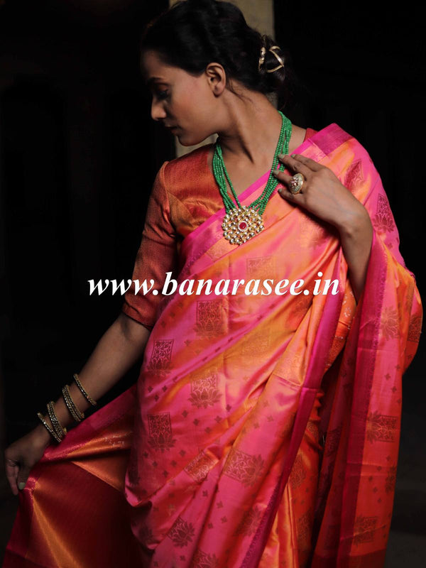 Banarasee Handwoven Soft Semi Silk Saree With Buta Design-Peach(Dual Shade)