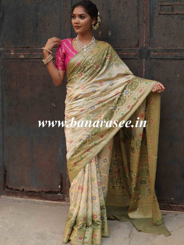 Banarasee Handwoven Semi-Silk Saree With Bandhej & Floral Zari Border-Olive Green