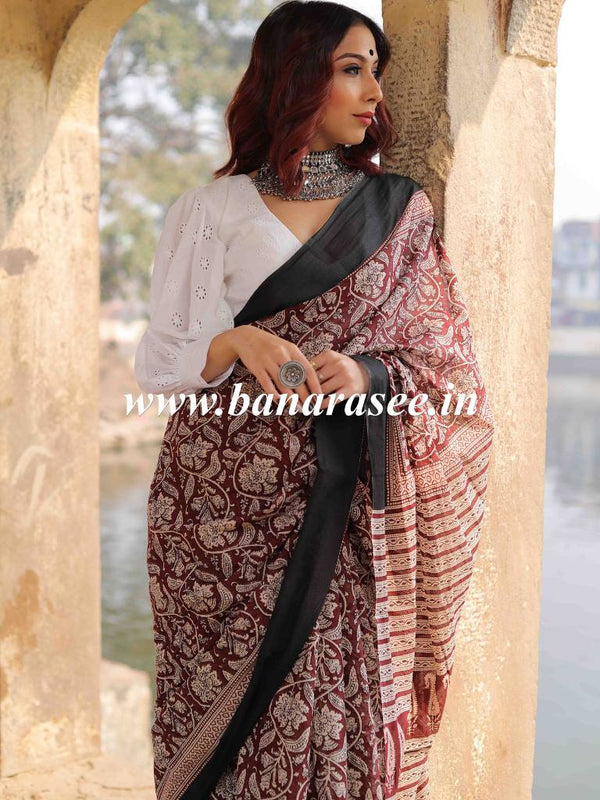 Handloom Mul Cotton Block Print Saree-Brown