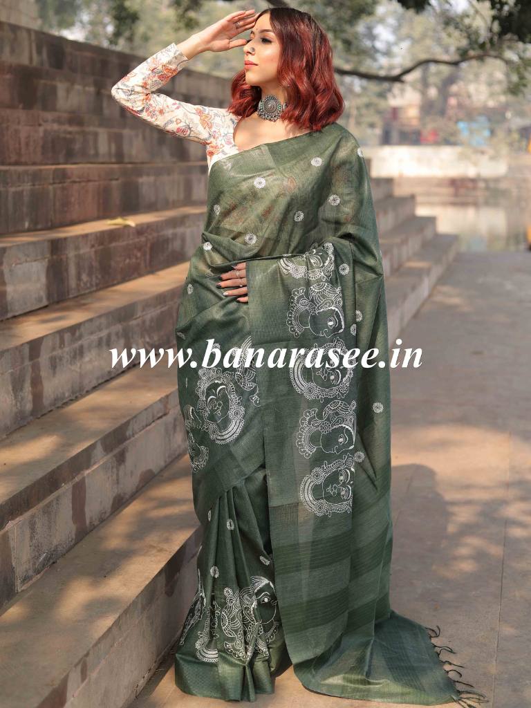 Bhagalpur Cotton Silk Ghichha Work Embroidered Saree-Deep Green