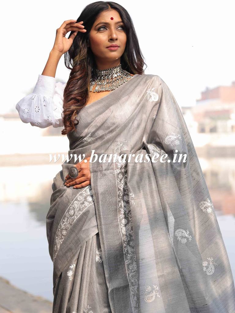 Bhagalpur Cotton Silk Ghichha Work Embroidered Saree-Grey