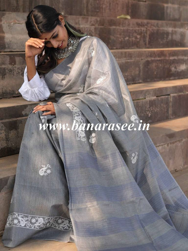 Bhagalpur Cotton Silk Ghichha Work Embroidered Saree-Grey