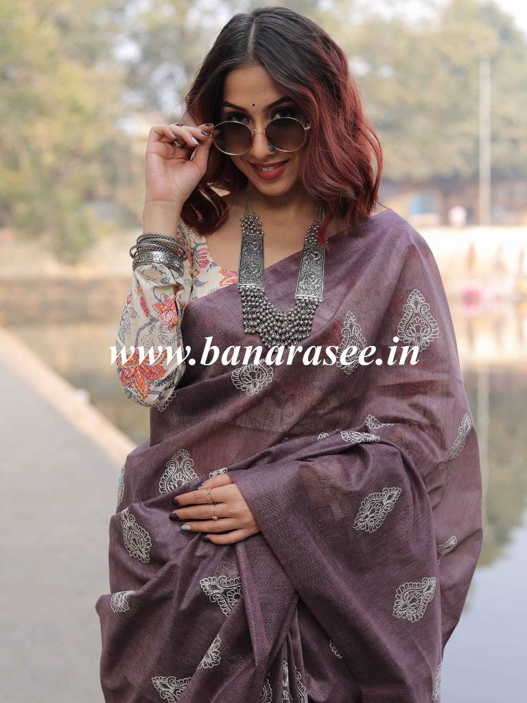 Bhagalpur Cotton Silk Ghichha Work Embroidered Saree-Purple