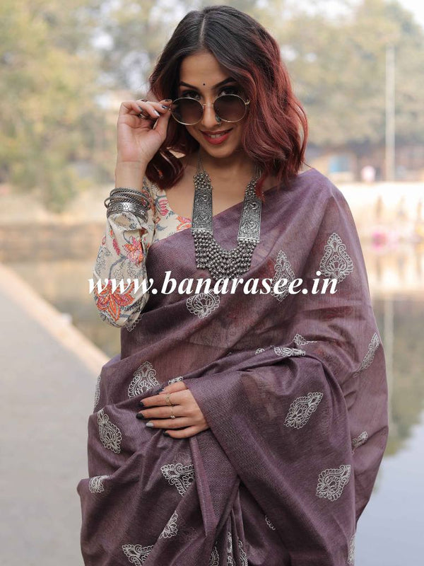 Bhagalpur Cotton Silk Ghichha Work Embroidered Saree-Purple