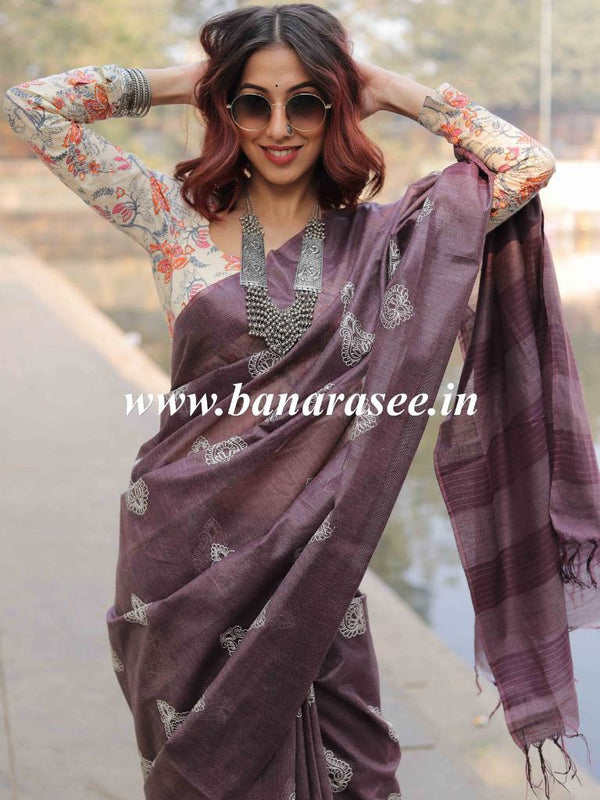 Bhagalpur Cotton Silk Ghichha Work Embroidered Saree-Purple