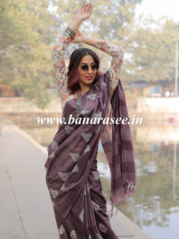 Bhagalpur Cotton Silk Ghichha Work Embroidered Saree-Purple