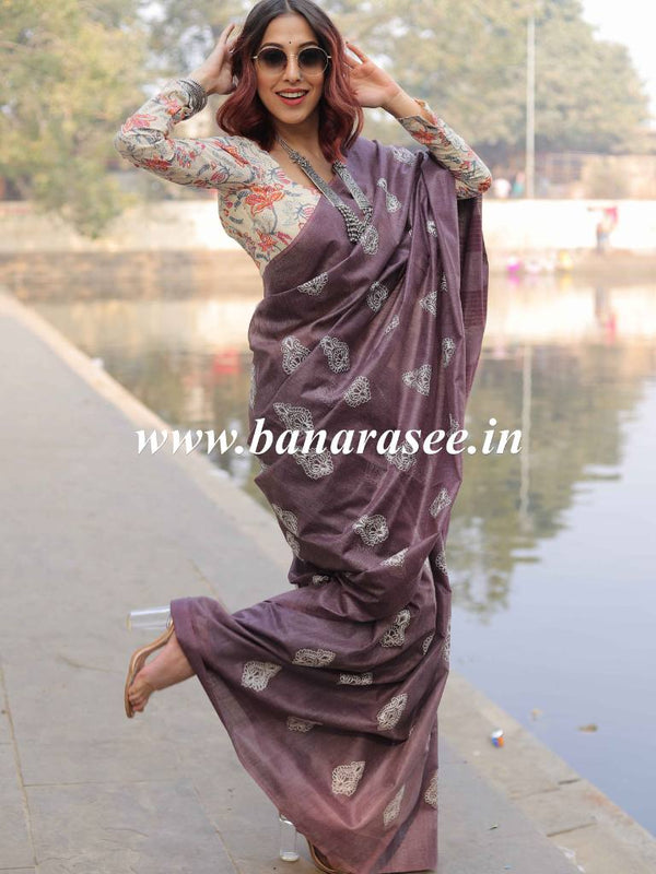 Bhagalpur Cotton Silk Ghichha Work Embroidered Saree-Purple