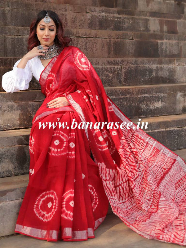 Bhagalpur Handloom Pure Linen Cotton Hand-Dyed Shibori Pattern Saree-Red