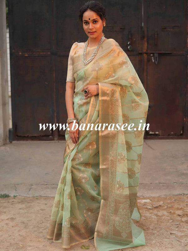 Banarasee Organza Mix Saree With Antique Zari Rangkat Design-Green