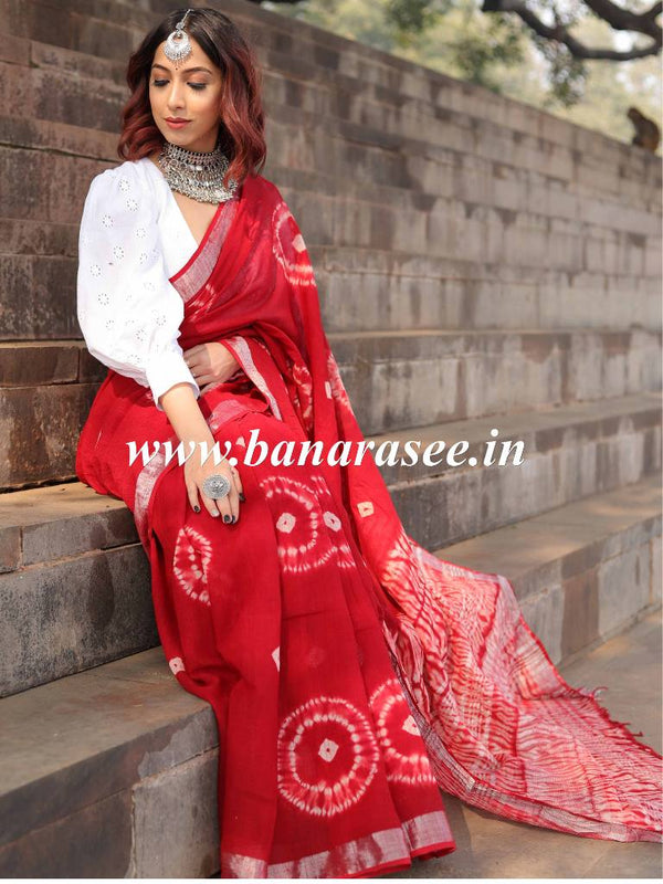 Bhagalpur Handloom Pure Linen Cotton Hand-Dyed Shibori Pattern Saree-Red