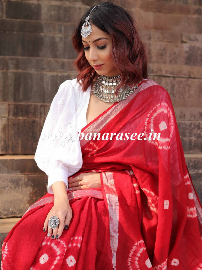 Bhagalpur Handloom Pure Linen Cotton Hand-Dyed Shibori Pattern Saree-Red
