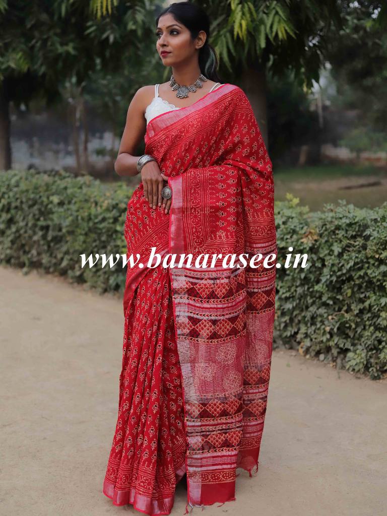 Bagru Hand-Block Printed Linen Cotton Saree-Red