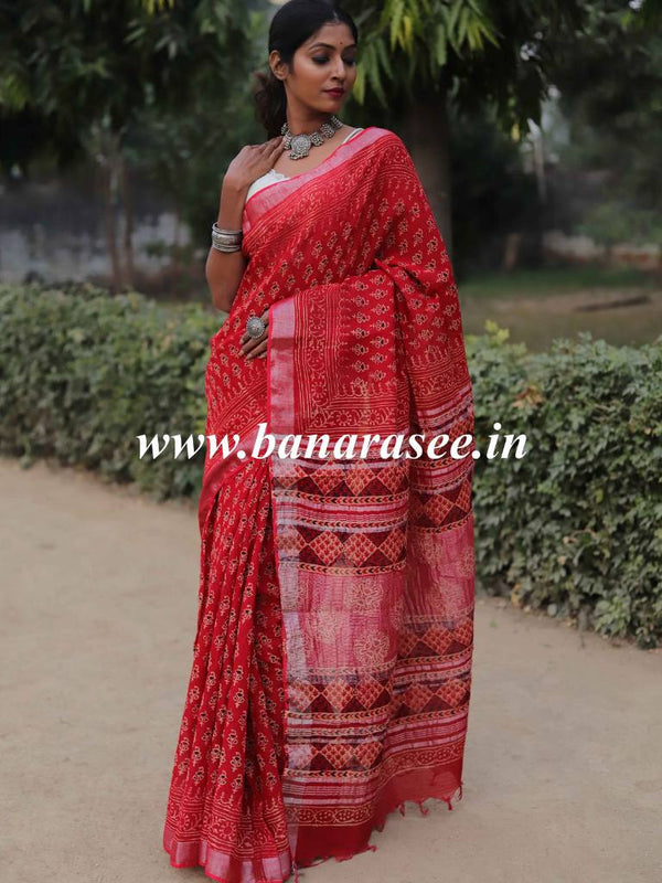 Bagru Hand-Block Printed Linen Cotton Saree-Red