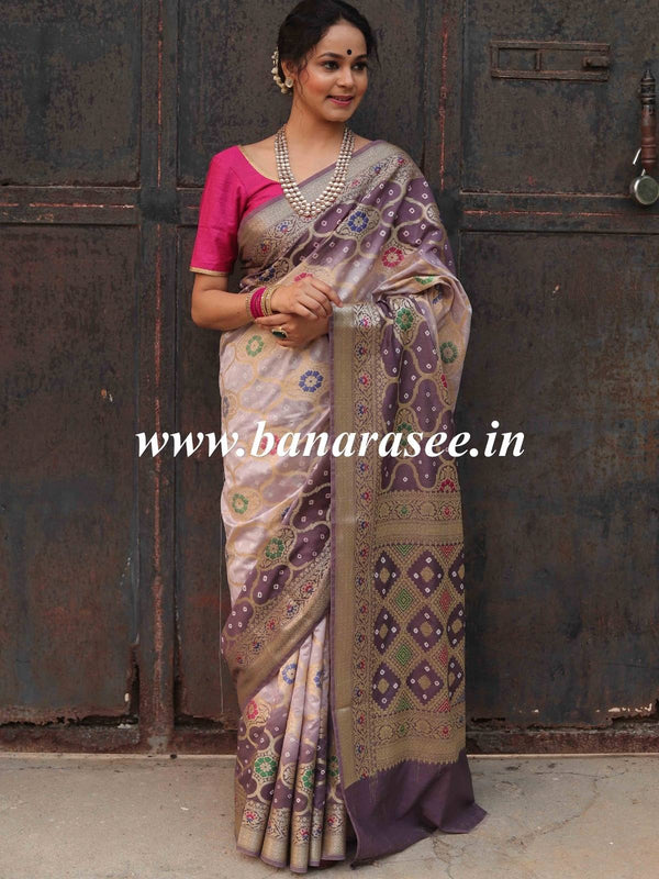 Banarasee Handwoven Semi-Silk Saree With Bandhej & Floral Zari Border-Mauve