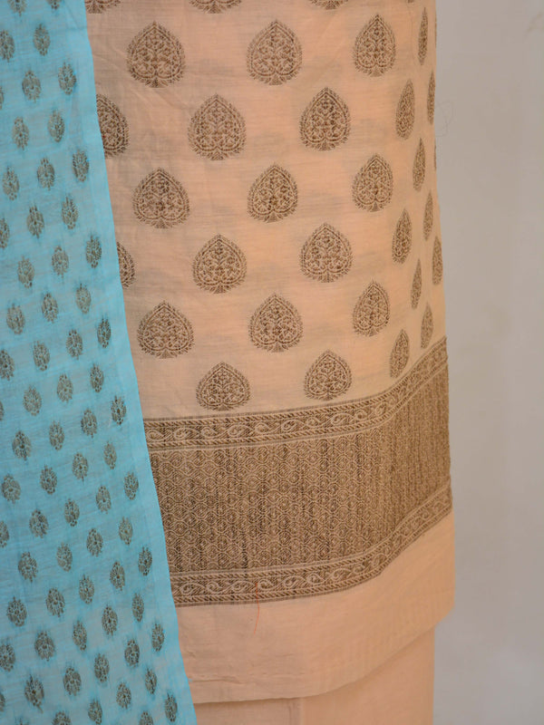 Banarasee Salwar Kameez Soft Cotton Resham Buti Fabric With Dupatta-Peach With Blue