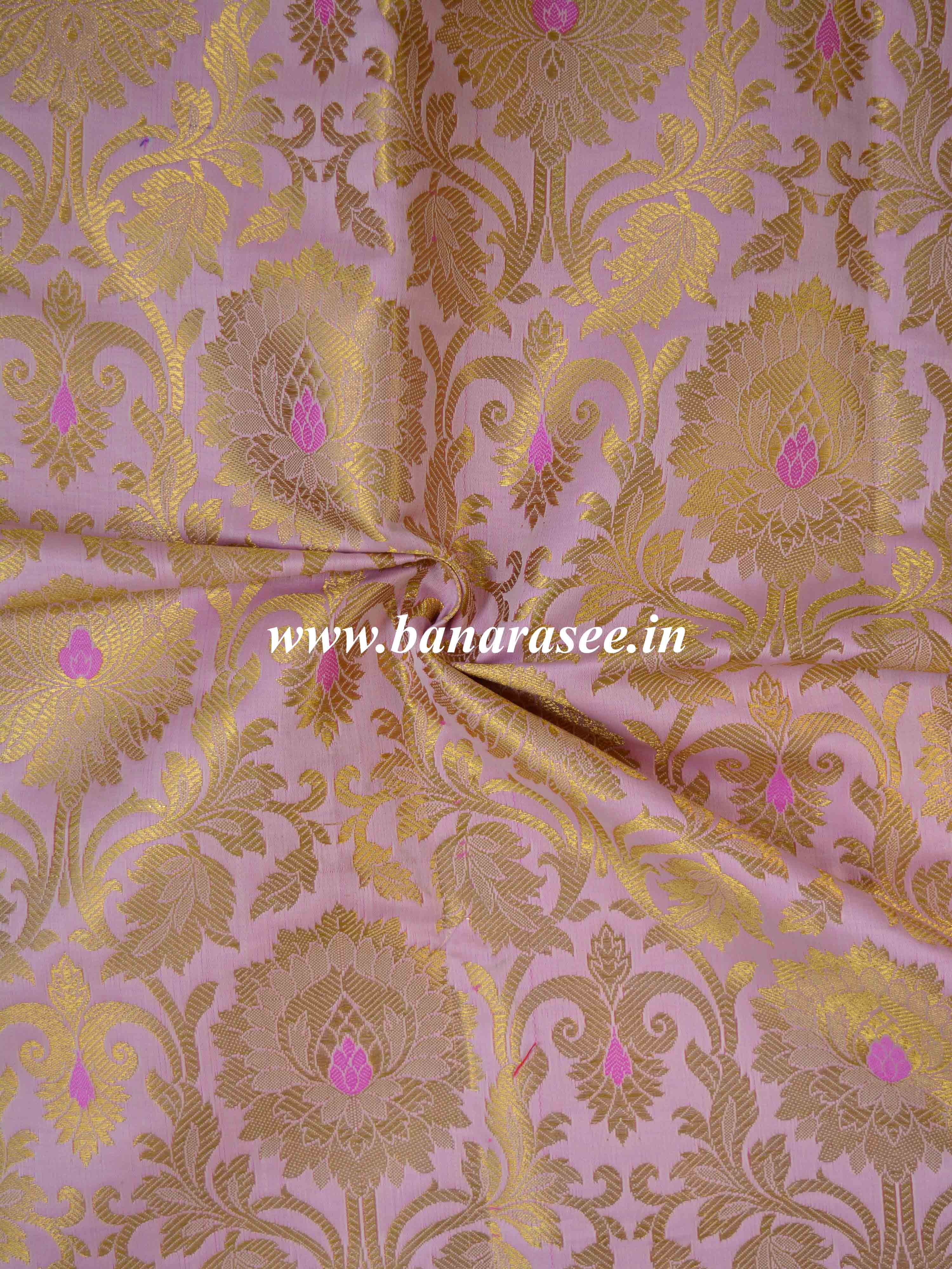 Banarasee Satin Brocade Gold Zari Jaal Design Fabric-Baby Pink
