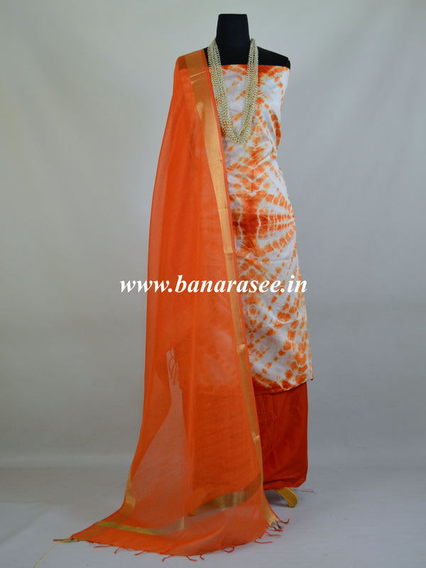Banarasee Shibori Dyed Chanderi Salwar Kameez Fabric With Cotton Silk Dupatta-Orange