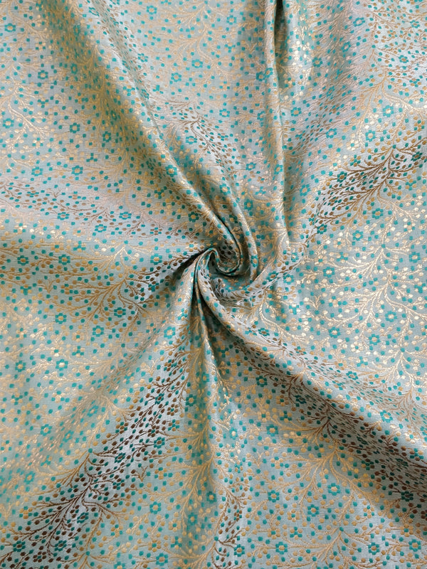 Banarasee Satin Brocade Gold Zari Jaal Design Fabric-Sea Green