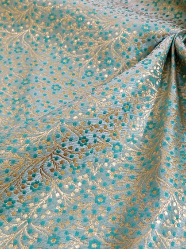 Banarasee Satin Brocade Gold Zari Jaal Design Fabric-Sea Green