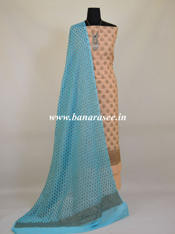 Banarasee Salwar Kameez Soft Cotton Resham Buti Fabric With Dupatta-Peach With Blue