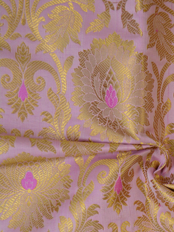 Banarasee Satin Brocade Gold Zari Jaal Design Fabric-Baby Pink